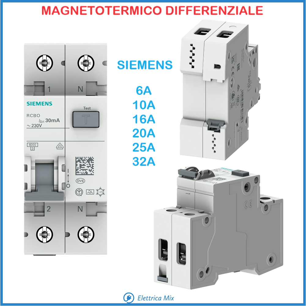 interruttore magnetotermico differenziale 6a 10a 16a 20a 25a 32a 1p+n 2 moduli 